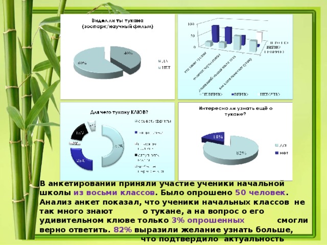 В анкетировании приняли участие ученики начальной школы из восьми классов . Было опрошено 50 человек . Анализ анкет показал, что ученики начальных классов не так много знают о тукане, а на вопрос о его удивительном клюве только 3% опрошенных смогли верно ответить. 82% выразили желание узнать больше, что подтвердило актуальность выбранной темы.