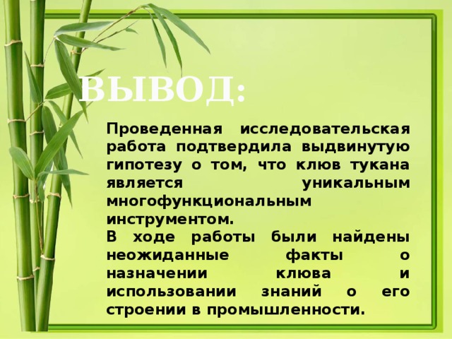 ВЫВОД: Проведенная исследовательская работа подтвердила выдвинутую гипотезу о том, что клюв тукана является уникальным многофункциональным инструментом. В ходе работы были найдены неожиданные факты о назначении клюва и использовании знаний о его строении в промышленности.