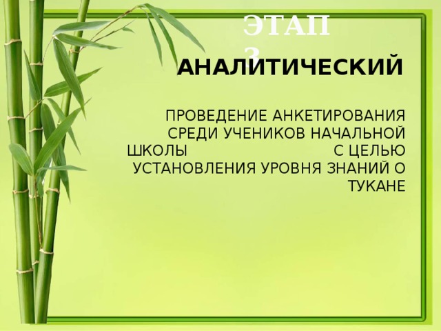 ЭТАП 3  АНАЛИТИЧЕСКИЙ  ПРОВЕДЕНИЕ АНКЕТИРОВАНИЯ СРЕДИ УЧЕНИКОВ НАЧАЛЬНОЙ ШКОЛЫ С ЦЕЛЬЮ УСТАНОВЛЕНИЯ УРОВНЯ ЗНАНИЙ О ТУКАНЕ