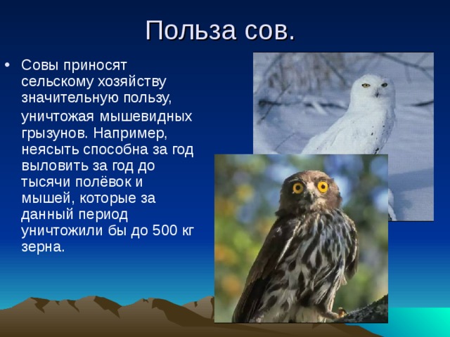 Польза сов. Совы приносят сельскому хозяйству значительную пользу, уничтожая  мышевидных грызунов. Например, неясыть способна за год выловить за год до тысячи полёвок и мышей, которые за данный период уничтожили бы до 500 кг зерна. 