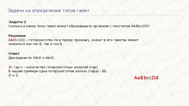 Задачи на определение типов гамет Задача 2  Сколько и какие типы гамет может образовывать организм с генотипом AABbccDD? Решение AA Bb ccDD – гетерозиготен по второму признаку, значит в его гаметах может оказаться как ген B, так и ген b. Ответ Два варианта: ABcD и AbcD. 2 n , где n – количество гетерозиготных аллелей (пар). В нашем примере одна гетерозиготная аллель (пара) – Bb. 2 1 = 2. AаBb cc Dd 