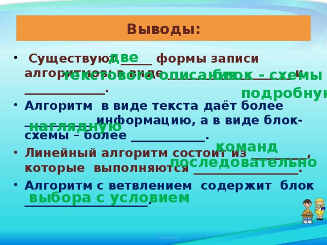 Выводы: две  Существуют _____ формы записи алгоритмов: в виде ____________________ и _____________. Алгоритм в виде текста даёт более ___________ информацию, а в виде блок- схемы – более ____________. Линейный алгоритм состоит из _________, которые выполняются _________________. Алгоритм с ветвлением содержит блок ____________________. текстового описания блок - схемы подробную наглядную команд последовательно выбора с условием 