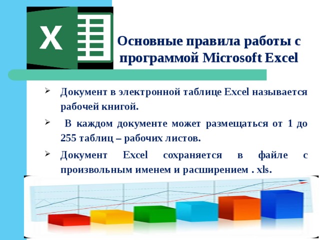 Основные правила работы с программой Microsoft Excel Документ в электронной таблице Excel называется рабочей книгой.  В каждом документе может размещаться от 1 до 255 таблиц – рабочих листов. Документ Excel сохраняется в файле с произвольным именем и расширением . xls. 