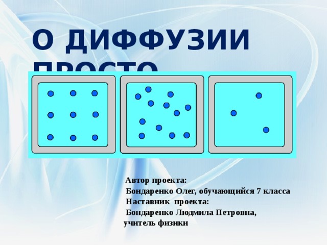 О ДИФФУЗИИ ПРОСТО    Автор проекта:  Бондаренко Олег, обучающийся 7 класса  Наставник проекта:  Бондаренко Людмила Петровна, учитель физики  