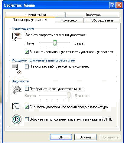 Свойства курсора. Параметры настройки мыши. Скорость движения указателя мыши. Как установить указатели мыши. Отображение кликов мышки.
