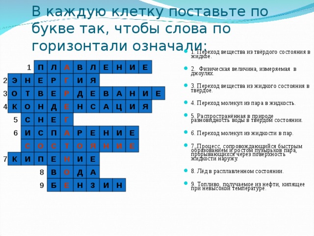 В каждую клетку поставьте по букве так, чтобы слова по горизонтали означали: 1. Переход вещества из твёрдого состояния в жидкое.  2. Физическая величина, измеряемая в джоулях.  3. Переход вещества из жидкого состояния в твёрдое.  4. Переход молекул из пара в жидкость.  5. Распространённая в природе разновидность воды в твёрдом состоянии.  6. Переход молекул из жидкости в пар.  7. Процесс, сопровождающийся быстрым образованием и ростом пузырьков пара, прорывающихся через поверхность жидкости наружу.  8. Лёд в расплавленном состоянии.  9. Топливо, получаемое из нефти, кипящее при невысокой температуре. А П 1 Е И Н Е Л В Л Г И Я Р Е Н Э 2 3 Д Е В А Н И Е Р Е В Т О С Е Н Н 4 А Ц И Я К О Д С Н Е 5 Г Е Н И Е И Р С П 6 А С О С Т О Я Н И Е Е 7 К И П Н Е И В Д О А 8 И Н З Н Е 9 Б 