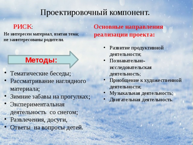 Проектировочный компонент. Основные направления реализации проекта: РИСК : Не интересен материал, взятая тема; не заинтересованы родители. Развитие продуктивной деятельности; Познавательно- исследовательская деятельность; Приобщение к художественной деятельности; Музыкальная деятельность; Двигательная деятельность. Методы: Тематические беседы; Рассматривание наглядного материала; Зимние забавы на прогулках; Экспериментальная деятельность со снегом; Развлечения, досуги, Ответы на вопросы детей. 