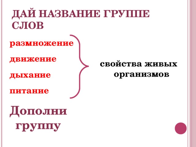 ДАЙ НАЗВАНИЕ ГРУППЕ СЛОВ  размножение  движение  дыхание  питание Дополни группу свойства живых организмов 