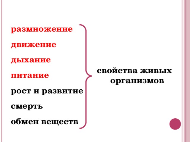 размножение  движение  дыхание  питание  рост и развитие смерть обмен веществ свойства живых организмов 