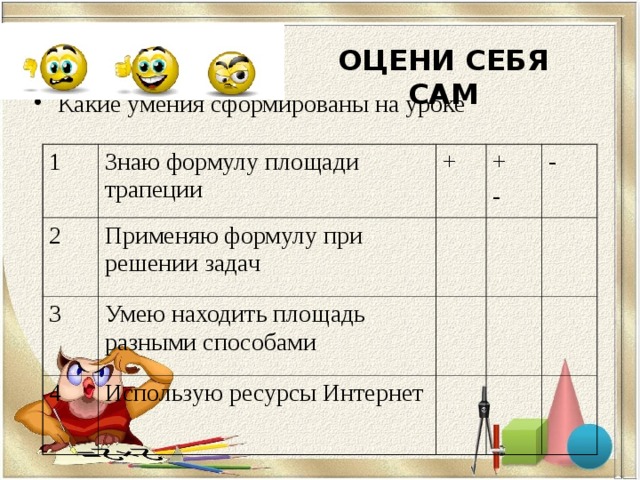 ОЦЕНИ СЕБЯ САМ Какие умения сформированы на уроке  1 Знаю формулу площади трапеции 2 + Применяю формулу при решении задач 3 + - Умею находить площадь разными способами 4 - Использую ресурсы Интернет  