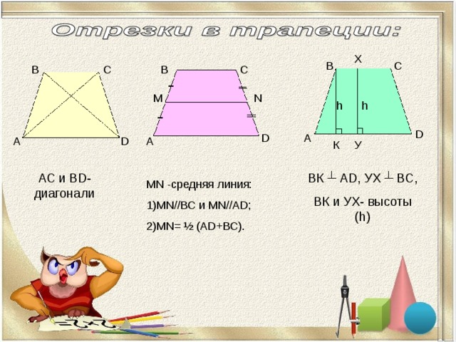 Х В С С В В С N М h h D D А D А А У К АС и В D - диагонали ВК ┴ А D , УХ ┴ ВС, ВК и УХ- высоты ( h ) М N -средняя линия: 1) MN //ВС и MN //А D ; 2) MN = ½ (А D +ВС). 