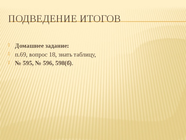 Подведение итогов Домашнее задание: п.69, вопрос 18, знать таблицу, № 595, № 596, 598(б) . 