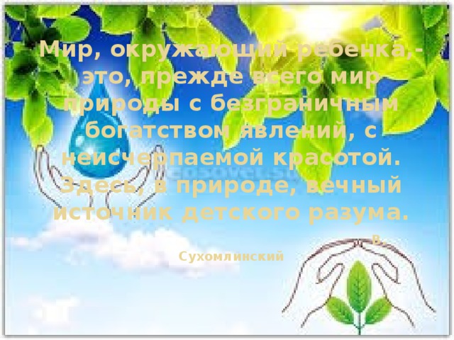 Мир, окружающий ребенка,-это, прежде всего мир природы с безграничным богатством явлений, с неисчерпаемой красотой. Здесь, в природе, вечный источник детского разума.   В. Сухомлинский 