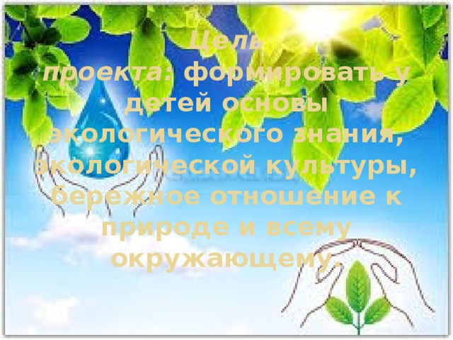 Цель проекта:  формировать у детей основы экологического знания, экологической культуры, бережное отношение к природе и всему окружающему.   