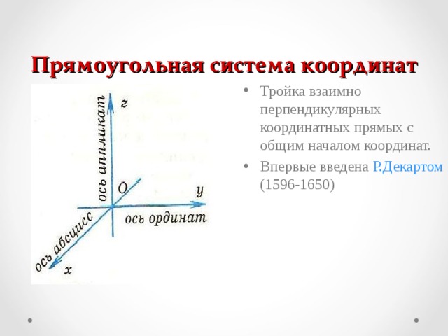 Прямоугольная система координат Тройка взаимно перпендикулярных координатных прямых с общим началом координат. Впервые введена Р.Декартом (1596-1650) 