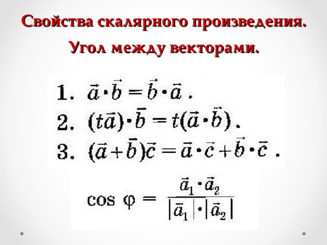 Свойства скалярного произведения. Угол между векторами. 