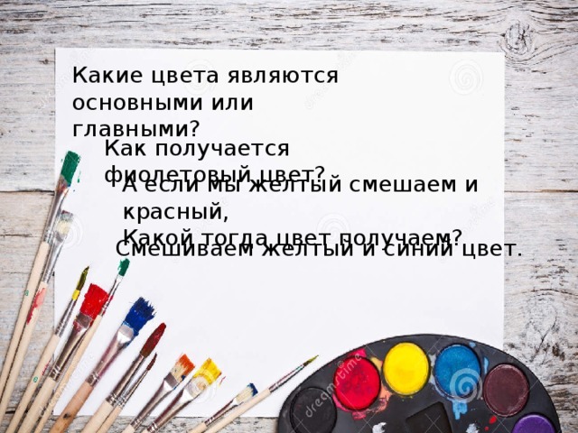 Какие цвета являются основными или главными?   Как получается фиолетовый цвет?   А если мы желтый смешаем и красный,  Какой тогда цвет получаем?   Смешиваем желтый и синий цвет. 