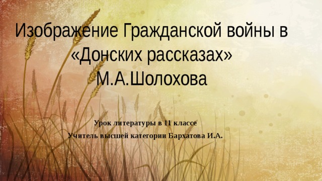 Изображение Гражданской войны в «Донских рассказах» М.А.Шолохова Урок литературы в 11 классе Учитель высшей категории Бархатова И.А. 