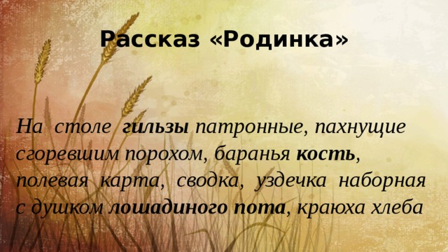 Рассказ «Родинка» На столе гильзы патронные, пахнущие сгоревшим порохом, баранья кость , полевая карта, сводка, уздечка наборная с душком лошадиного пота , краюха хлеба  