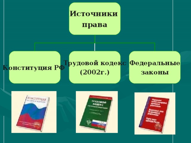 Источники  права Конституция  РФ  Трудовой кодекс (2002г.) Федеральные законы 