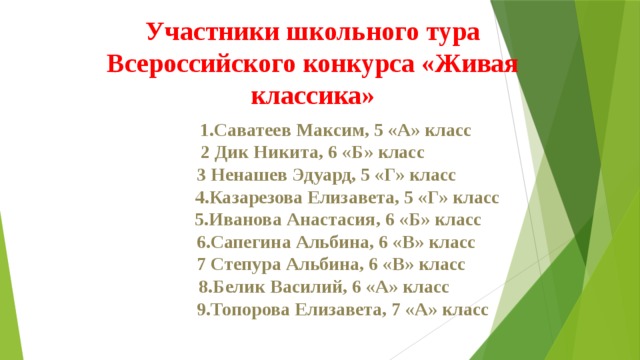 Участники школьного тура Всероссийского конкурса «Живая классика»   1.Саватеев Максим, 5 «А» класс 2 Дик Никита, 6 «Б» класс  3 Ненашев Эдуард, 5 «Г» класс  4.Казарезова Елизавета, 5 «Г» класс  5.Иванова Анастасия, 6 «Б» класс  6.Сапегина Альбина, 6 «В» класс  7 Степура Альбина, 6 «В» класс  8.Белик Василий, 6 «А» класс  9.Топорова Елизавета, 7 «А» класс          лорпаався  