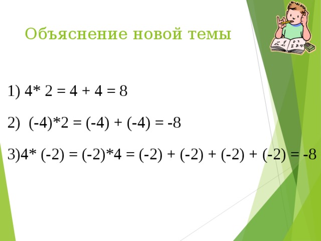 Объяснение новой темы 1) 4* 2 = 4 + 4 = 8 2) (-4)*2 = (-4) + (-4) = -8 3)4* (-2) = (-2)*4 = (-2) + (-2) + (-2) + (-2) = -8 