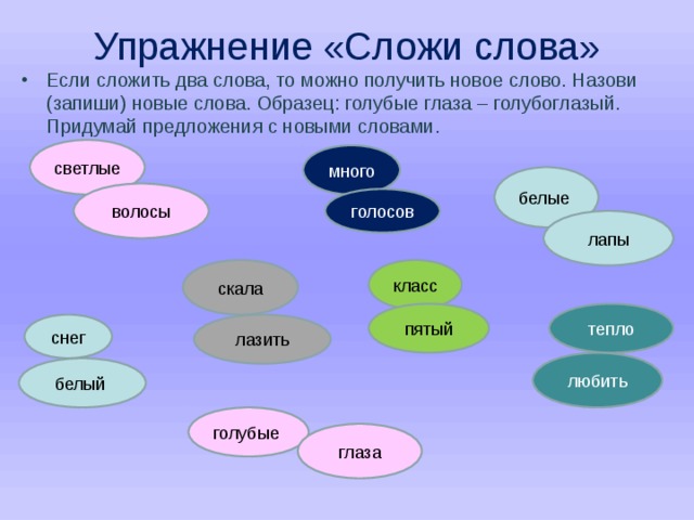 Упражнение «Сложи слова» Если сложить два слова, то можно получить новое слово. Назови (запиши) новые слова. Образец: голубые глаза – голубоглазый. Придумай предложения с новыми словами. много голосов тепло любить голубые 