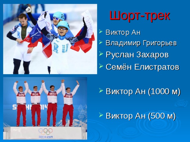 Шорт-трек Виктор Ан Владимир Григорьев Руслан Захаров Семён Елистратов  Виктор Ан (1000 м) Виктор Ан (500 м)  