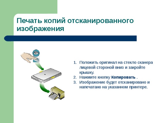 Печать копий отсканированного изображения Положить оригинал на стекло сканера лицевой стороной вниз и закройте крышку. Нажмите кнопку Копировать . Изображение будет отсканировано и напечатано на указанном принтере. 