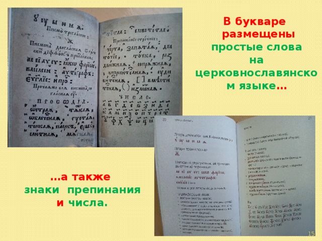 В букваре  размещены  простые слова на церковнославянском языке … … а также  знаки препинания  и числа.  