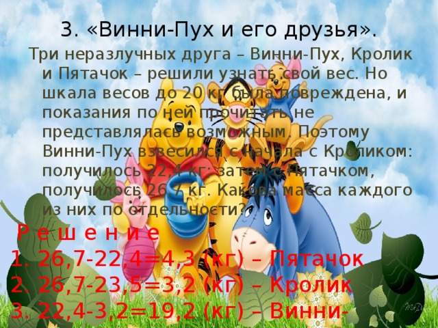 3. «Винни-Пух и его друзья».   Три неразлучных друга – Винни-Пух, Кролик и Пятачок – решили узнать свой вес. Но шкала весов до 20 кг была повреждена, и показания по ней прочитать не представлялась возможным. Поэтому Винни-Пух взвесился с начала с Кроликом: получилось 22,4 кг; затем с Пятачком, получилось 26,7 кг. Какова масса каждого из них по отдельности?  Р е ш е н и е 1. 26,7-22,4=4,3 (кг) – Пятачок 2. 26,7-23,5=3,2 (кг) – Кролик 3. 22,4-3,2=19,2 (кг) – Винни-Пух 