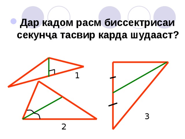 Дар кадом расм биссектрисаи секунҷа тасвир карда шудааст? 1 3 2 