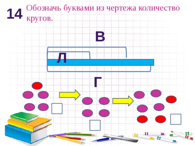 Обозначь буквами из чертежа количество кругов. 14 в л г