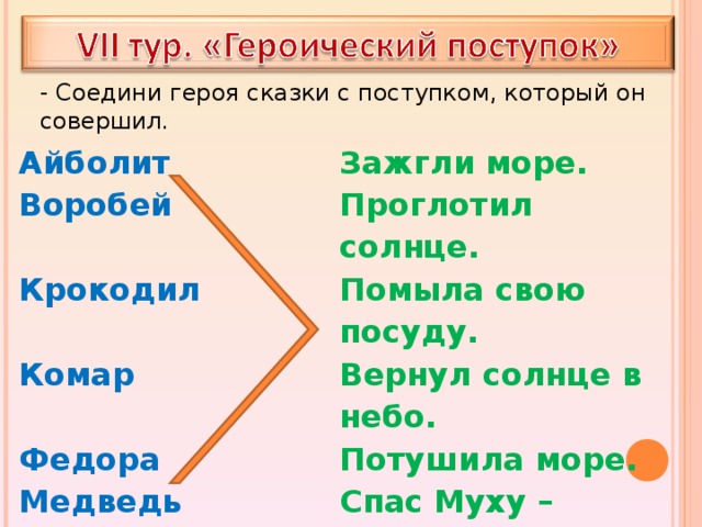 - Соедини героя сказки с поступком, который он совершил. Айболит Воробей Зажгли море. Проглотил солнце. Крокодил Помыла свою посуду. Комар Вернул солнце в небо. Федора Потушила море. Медведь Спас Муху – Цокотуху. Бабочка Съел таракана. Лисички Вылечил зверей. 