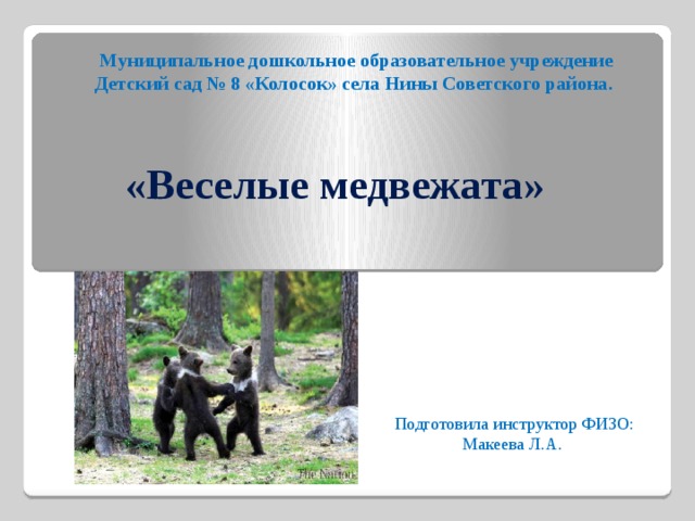 Муниципальное дошкольное образовательное учреждение Детский сад № 8 «Колосок» села Нины Советского района. «Веселые медвежата» Подготовила инструктор ФИЗО: Макеева Л.А. 