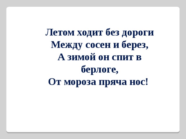 Летом ходит без дороги Между сосен и берез, А зимой он спит в берлоге, От мороза пряча нос! 