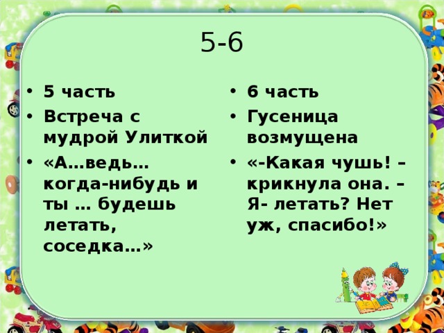 5-6 5 часть Встреча с мудрой Улиткой «А…ведь…когда-нибудь и ты … будешь летать, соседка…»  6 часть Гусеница возмущена «-Какая чушь! – крикнула она. – Я- летать? Нет уж, спасибо!»  