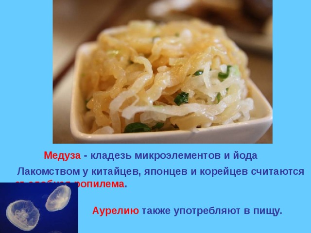 Медуза - кладезь микроэлементов и йода  Лакомством у китайцев, японцев и корейцев считаются съедобная ропилема .  Аурелию также употребляют в пищу. 