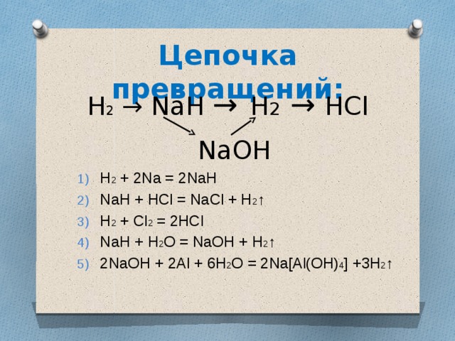 Цепочка превращений:  Н 2 → NaH →  Н 2 → HCl  NaOH  H 2 + 2Na = 2NaH NaH + HCl = NaCl + H 2 ↑ H 2 + Cl 2 = 2HCl NaH + H 2 O = NaOH + H 2 ↑ 2NaOH + 2Al + 6H 2 O = 2Na[Al(OH) 4 ] +3H 2 ↑ 