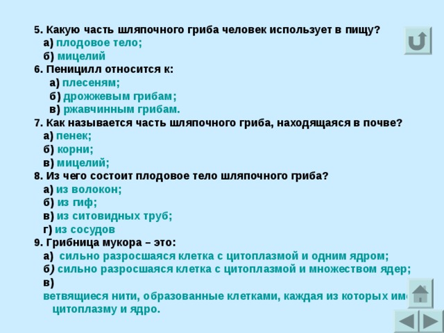 5. Какую часть шляпочного гриба человек использует в пищу?  а) плодовое тело;  б) мицелий 6. Пеницилл относится к:  а) плесеням;  б) дрожжевым грибам;  в) ржавчинным грибам. 7. Как называется часть шляпочного гриба, находящаяся в почве?  а) пенек;  б) корни;  в) мицелий; 8. Из чего состоит плодовое тело шляпочного гриба?  а) из волокон;  б) из гиф;  в) из ситовидных труб;  г) из сосудов 9. Грибница мукора – это:  а) сильно разросшаяся клетка с цитоплазмой и одним ядром;  б )  сильно разросшаяся клетка с цитоплазмой и множеством ядер;  в) ветвящиеся нити, образованные клетками, каждая из которых имеет   цитоплазму и ядро.  