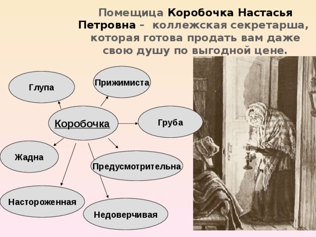 Помещица Коробочка Настасья Петровна – коллежская секретарша, которая готова продать вам даже свою душу по выгодной цене. Прижимиста Глупа Коробочка  Груба Жадна Предусмотрительна Настороженная Недоверчивая 