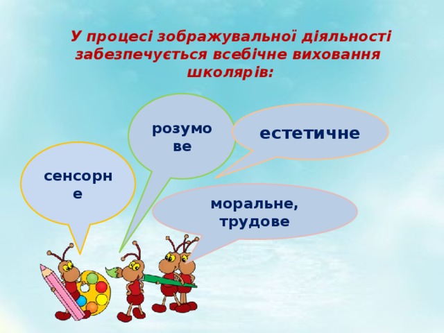 У процесі зображувальної діяльності забезпечується всебічне виховання  школярів: розумове естетичне сенсорне  моральне, трудове  