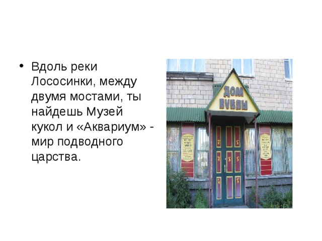 Вдоль реки Лососинки, между двумя мостами, ты найдешь Музей кукол и «Аквариум» - мир подводного царства. 