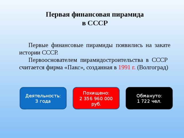 Первая финансовая пирамида в СССР Первые финансовые пирамиды появились на закате истории СССР. Первооснователем пирамидостроительства в СССР считается фирма «Пакс», созданная в 1991 г. (Волгоград) Деятельность:  3 года Похищено: Обмануто: 2 356 960 000 руб. 1 722 чел. 