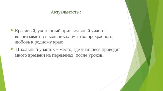 Актуальность :  Красивый, ухоженный пришкольный участок воспитывает в школьниках чувство прекрасного, любовь к родному краю.  Школьный участок – место, где учащиеся проводят много времени на переменах, после уроков. 