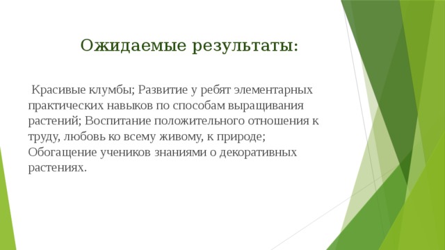 Ожидаемые результаты:  Красивые клумбы; Развитие у ребят элементарных практических навыков по способам выращивания растений; Воспитание положительного отношения к труду, любовь ко всему живому, к природе; Обогащение учеников знаниями о декоративных растениях. 