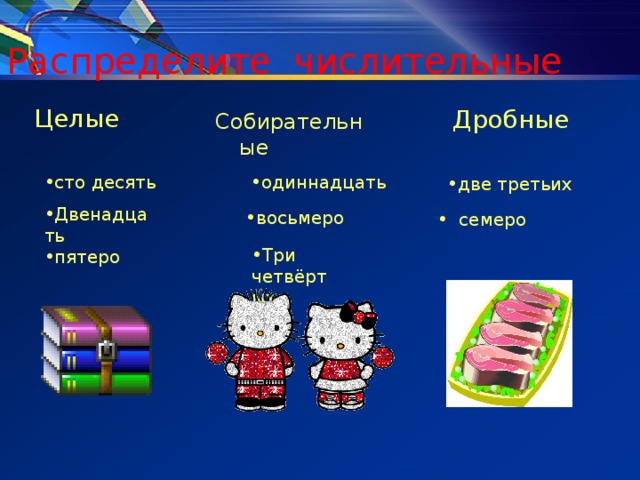 Распределите числительные Целые Дробные Собирательные сто десять одиннадцать две третьих  Двенадцать пятеро восьмеро  семеро Три четвёртых 