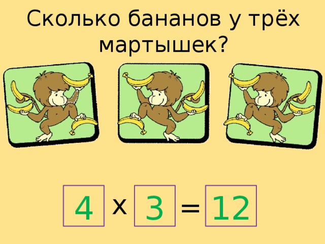 Сколько бананов у трёх мартышек? х 4 3 12 = 