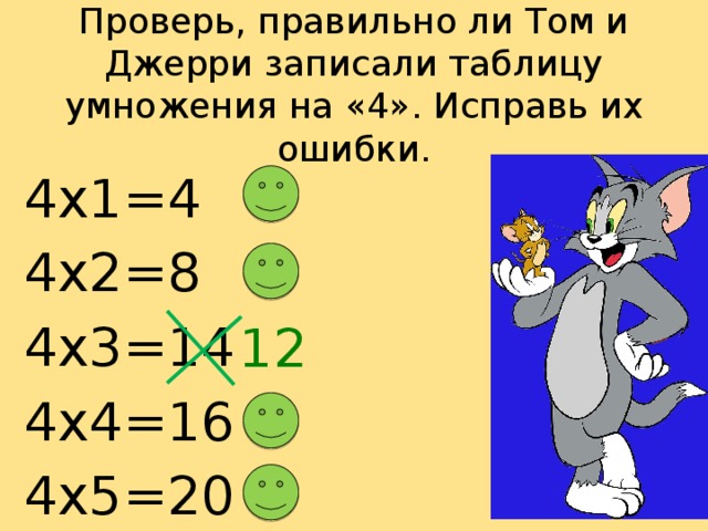 Проверь, правильно ли Том и Джерри записали таблицу умножения на «4». Исправь их ошибки. 4х1=4 4х2=8 4х3=14 4х4=16 4х5=20 12 
