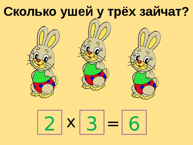 Сколько ушей у трёх зайчат? х 2 3 6 = 